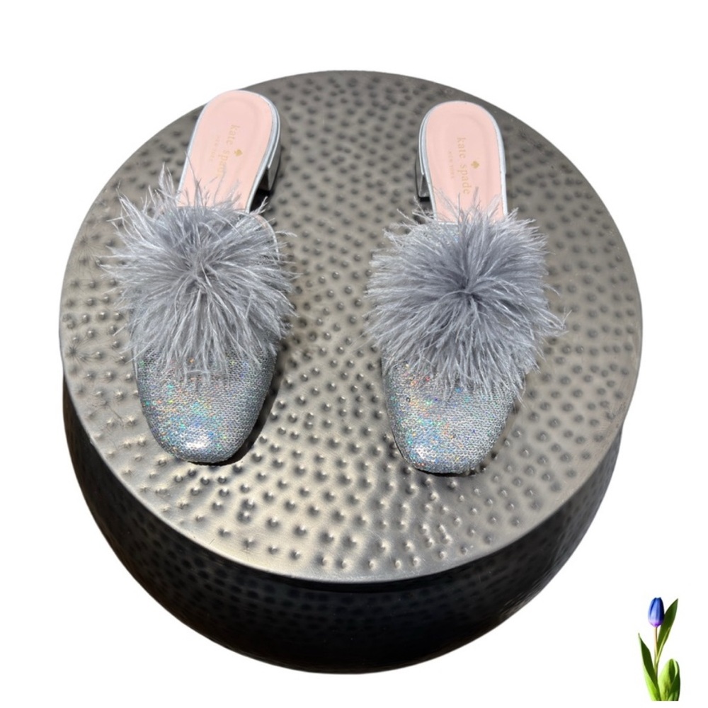 Kate Spade Sequined Silver Gray Mules iridescent, ostrich feather Pom Poms Gala